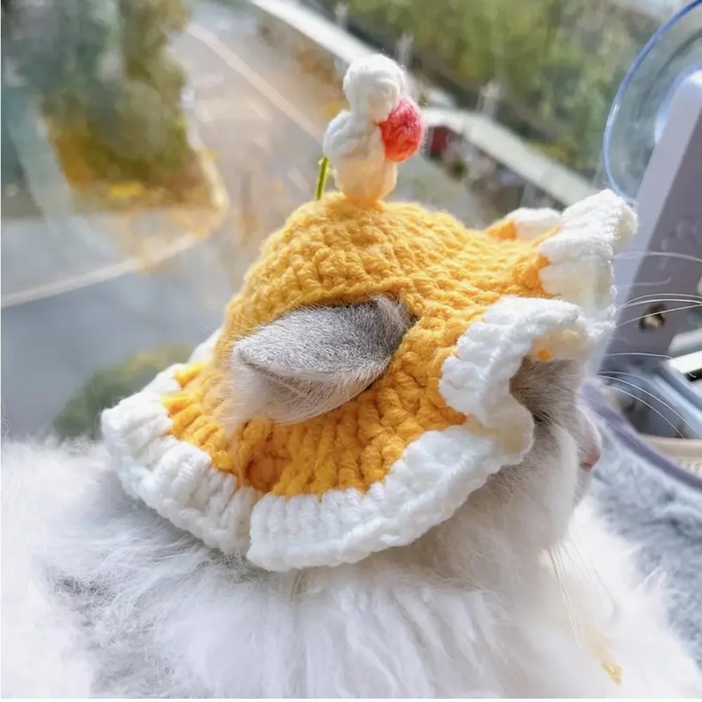 Cat or Dog Crochet Ruffle Sun Hat with Flower - Yellow and White